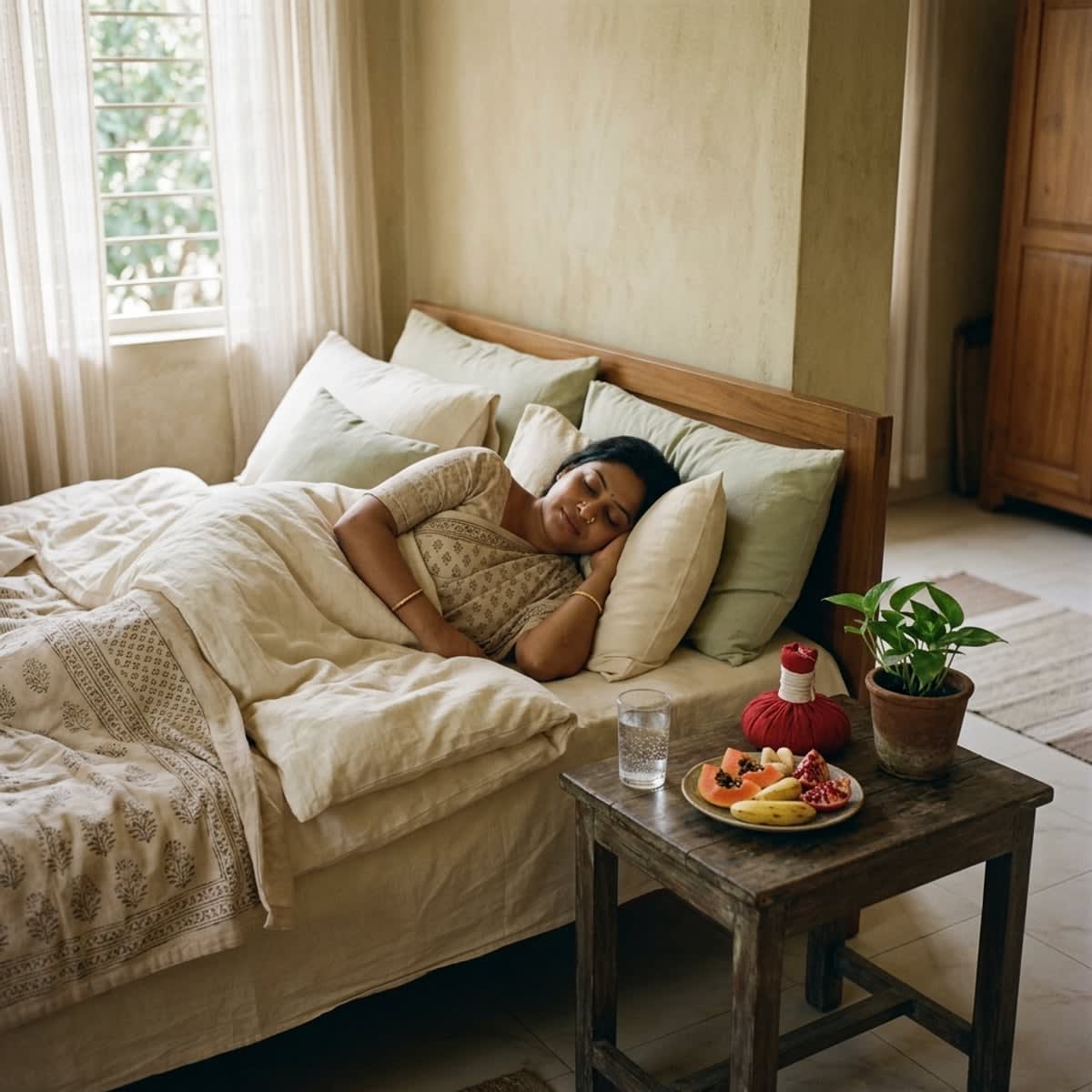 Woman recovering peacefully in bed with a hot compress and prescribed medications after a clinical procedure