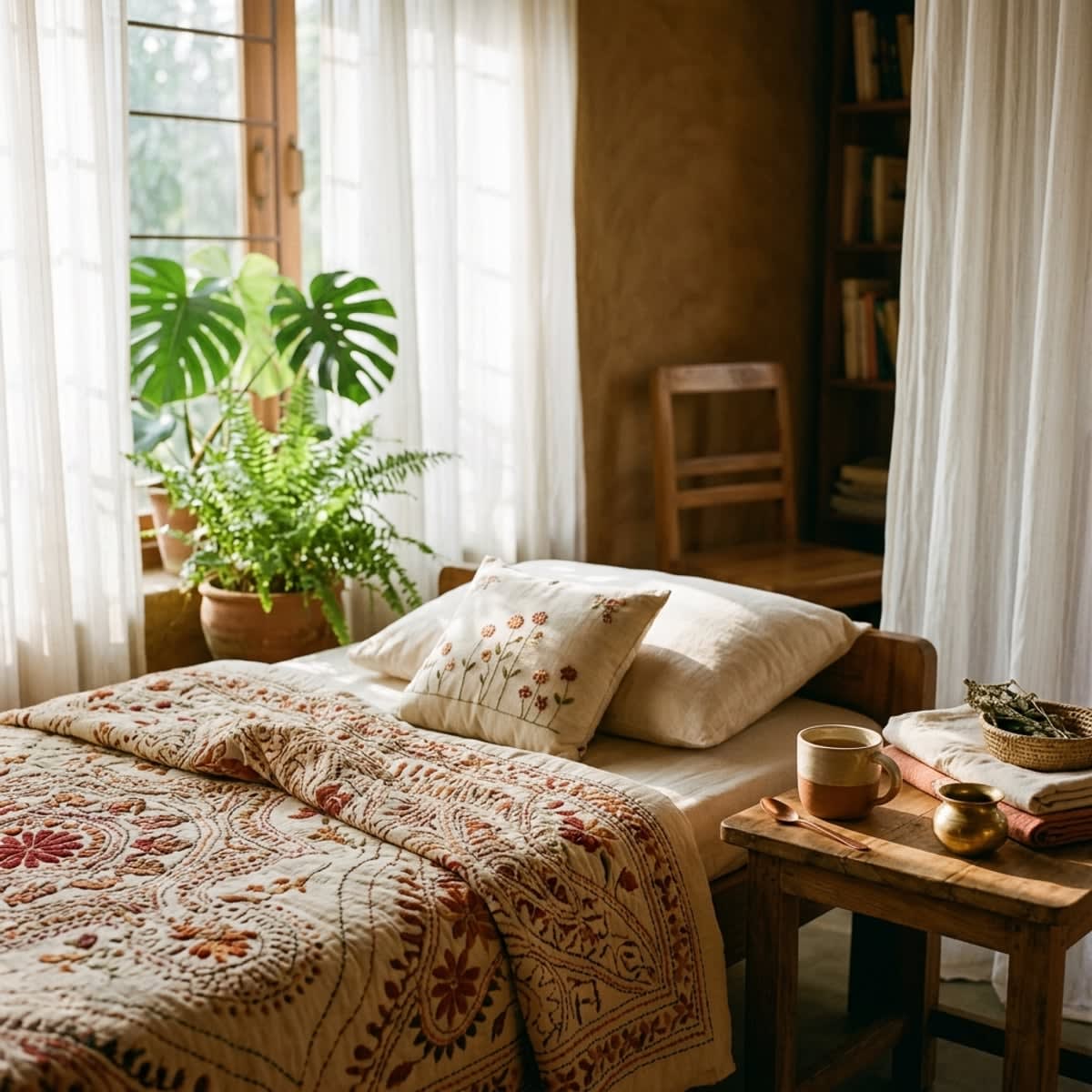 Cozy traditional Bengali postpartum recovery bedroom with handloom kantha quilts and warm herbal tea