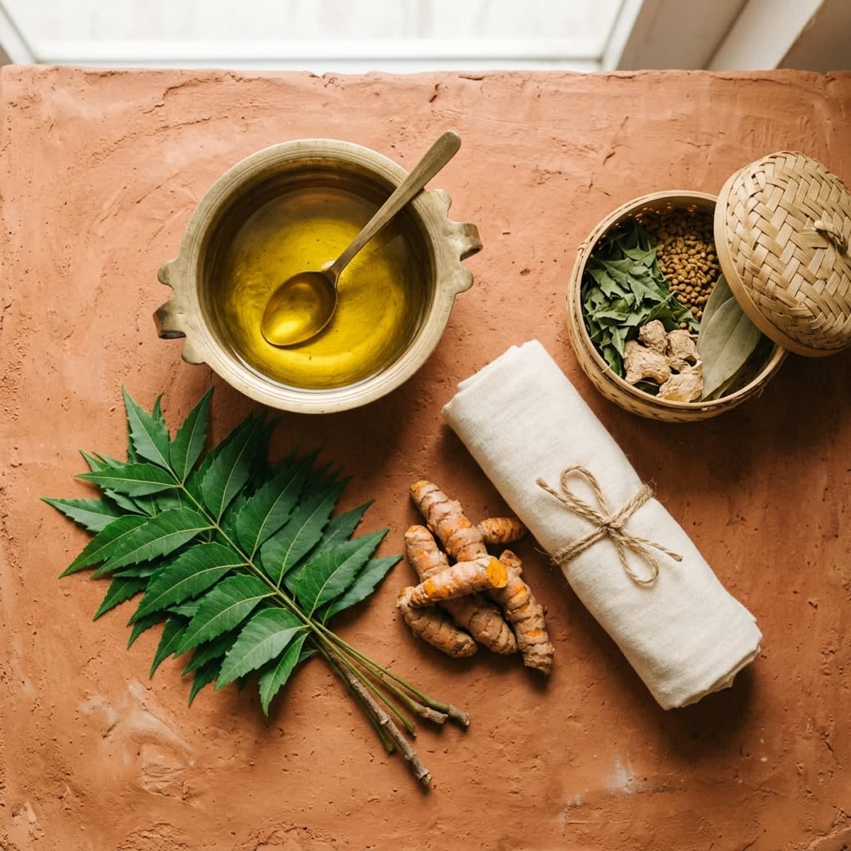Soothing flatlay of traditional Bengali postpartum care with warm mustard oil in a brass bowl, neem leaves, and fresh turmeric