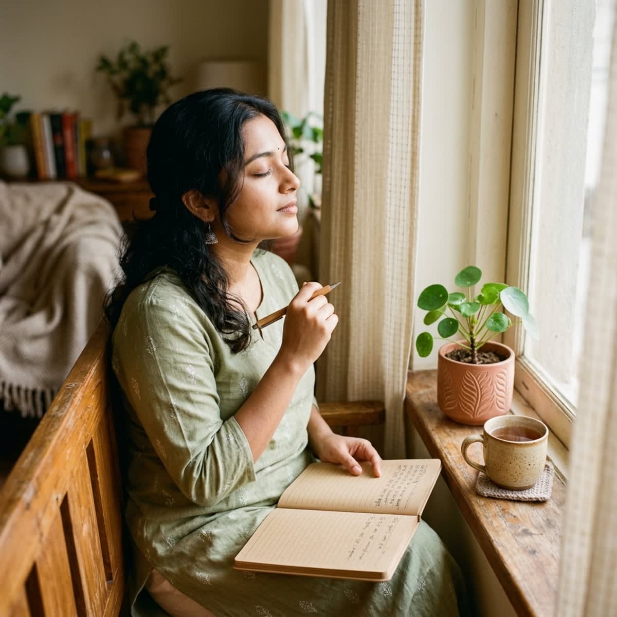 Thoughtful young South Asian woman writing in a self-care journal by a sunlit window with herbal tea
