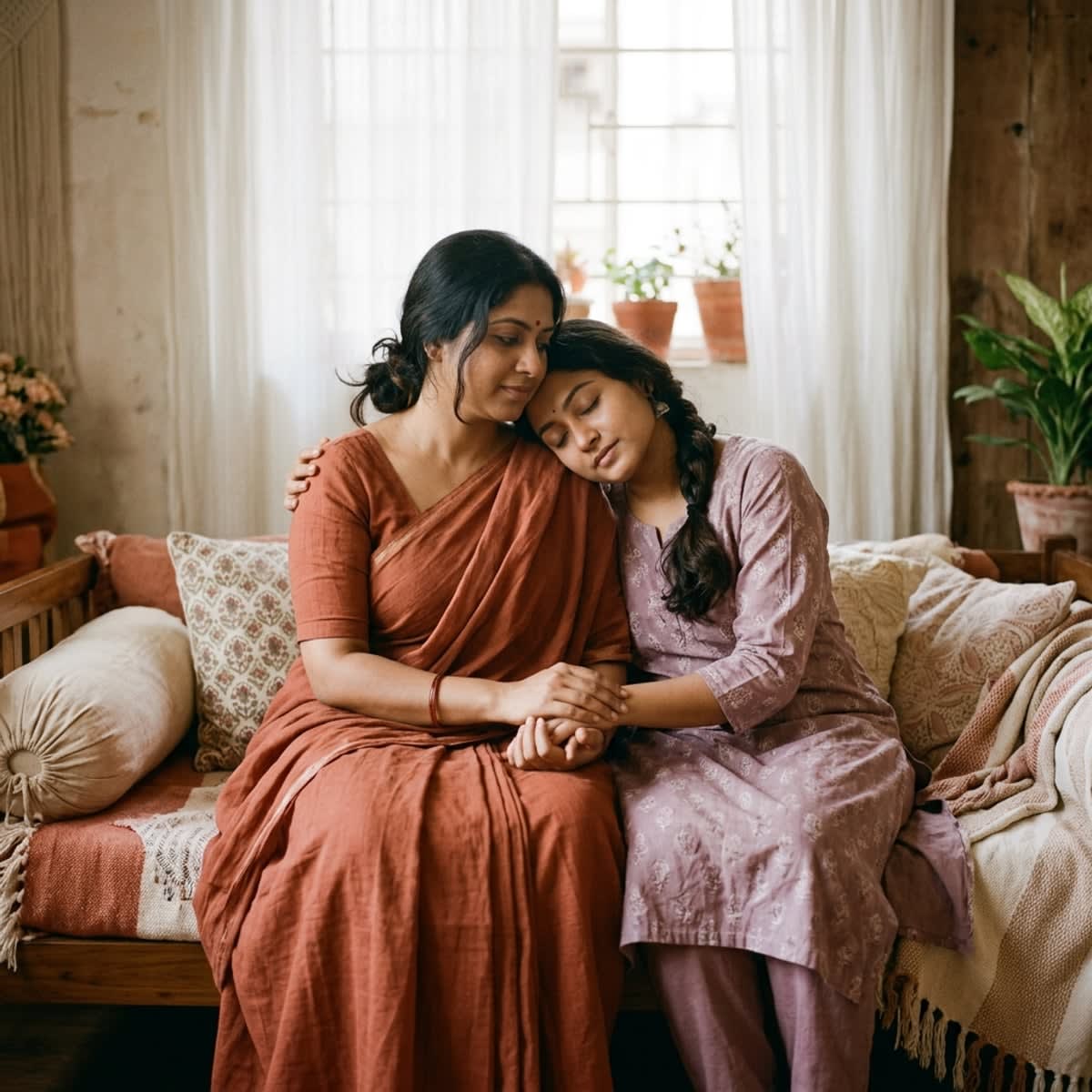 Tender and compassionate moment between two South Asian women providing emotional support