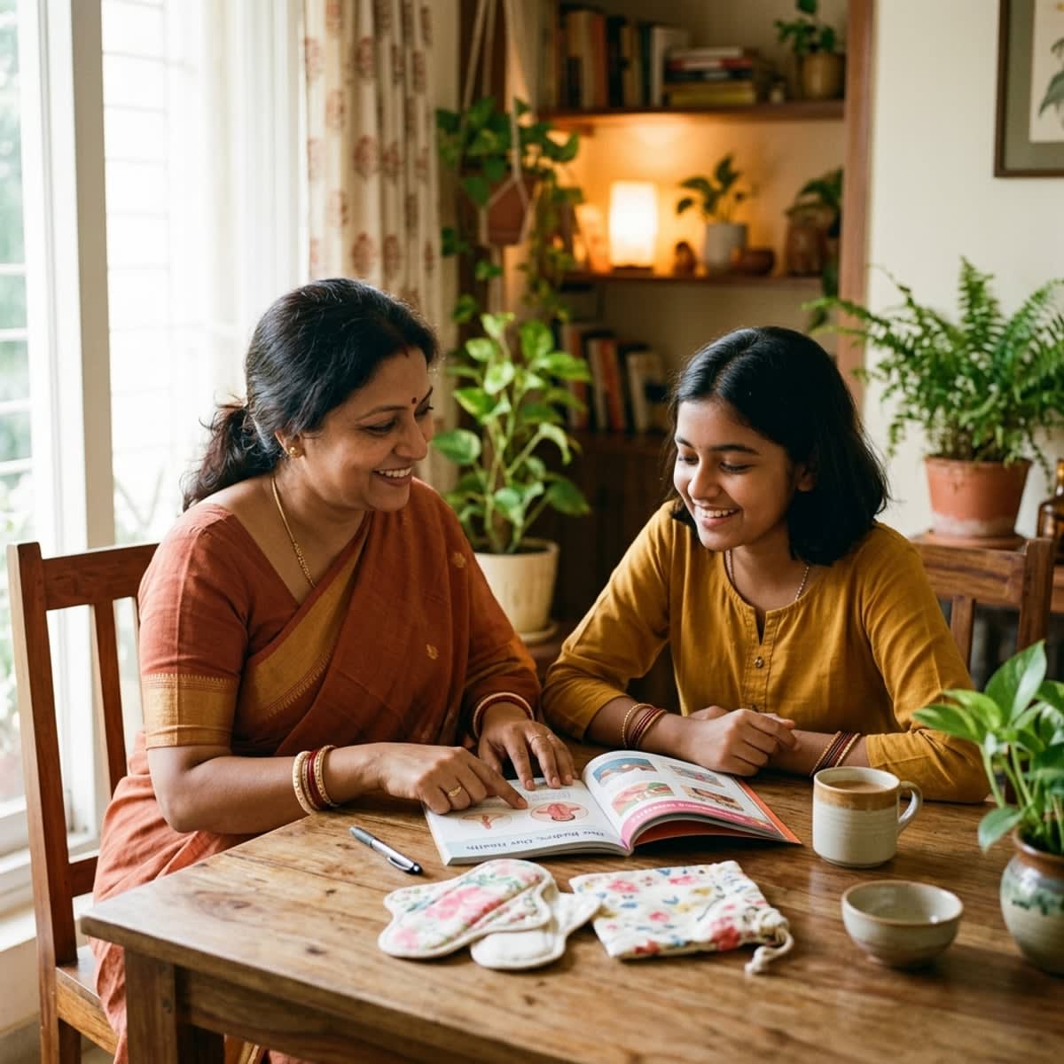 Positive lifestyle photo of a South Asian mother and teenage daughter having an open discussion about menstrual health