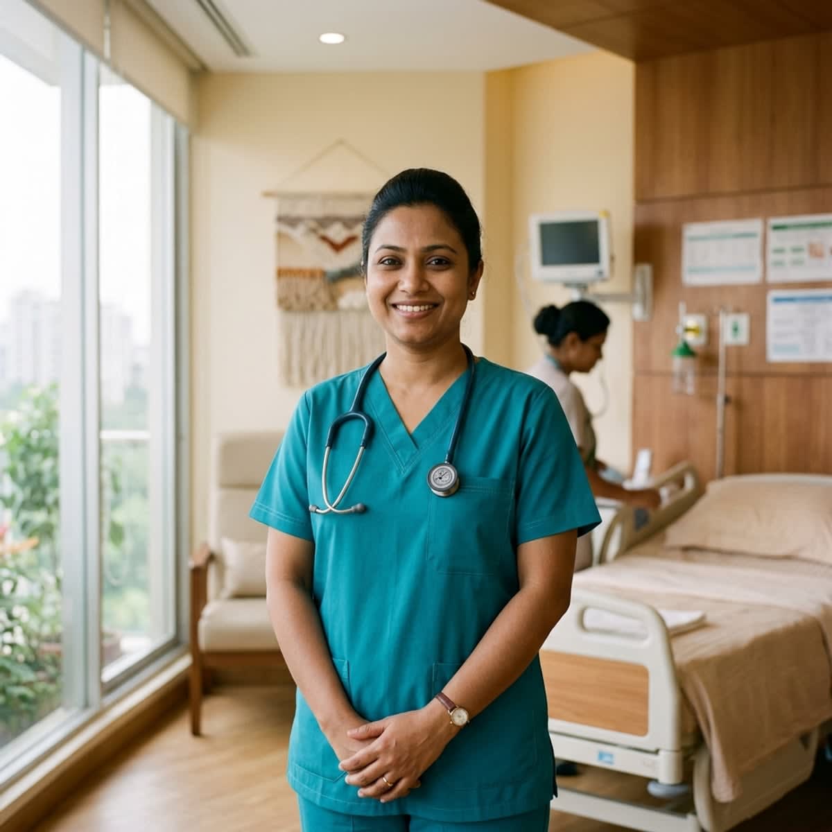 Inspiring portrait of a professional female certified midwife in teal scrubs smiling in a modern birthing center in Dhaka