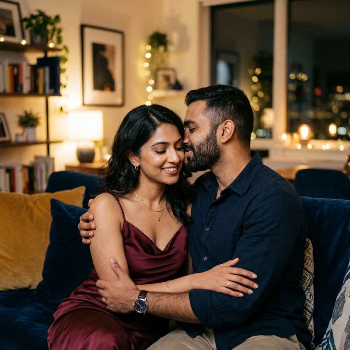 Attractive modern South Asian couple smiling intimately on a plush modern sofa in warm ambient light