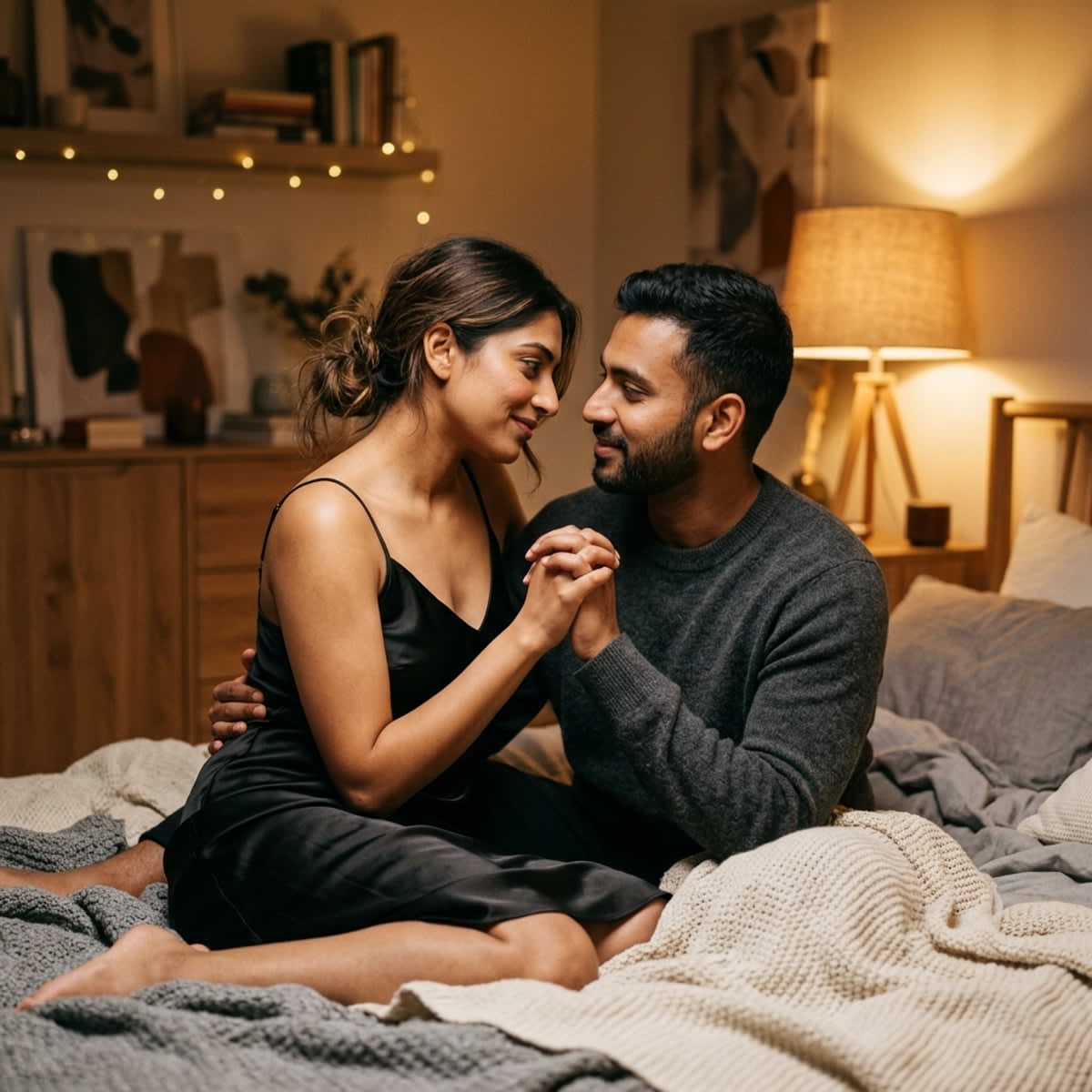 Modern couple sharing a reassuring tender moment in a softly lit bedroom