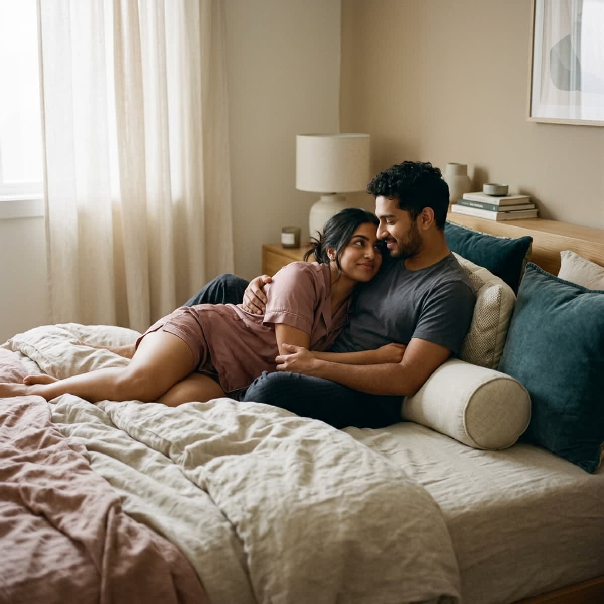 Cozy modern bedroom with an attractive South Asian couple lying comfortably on plush linen bedding with supportive bolster pillows