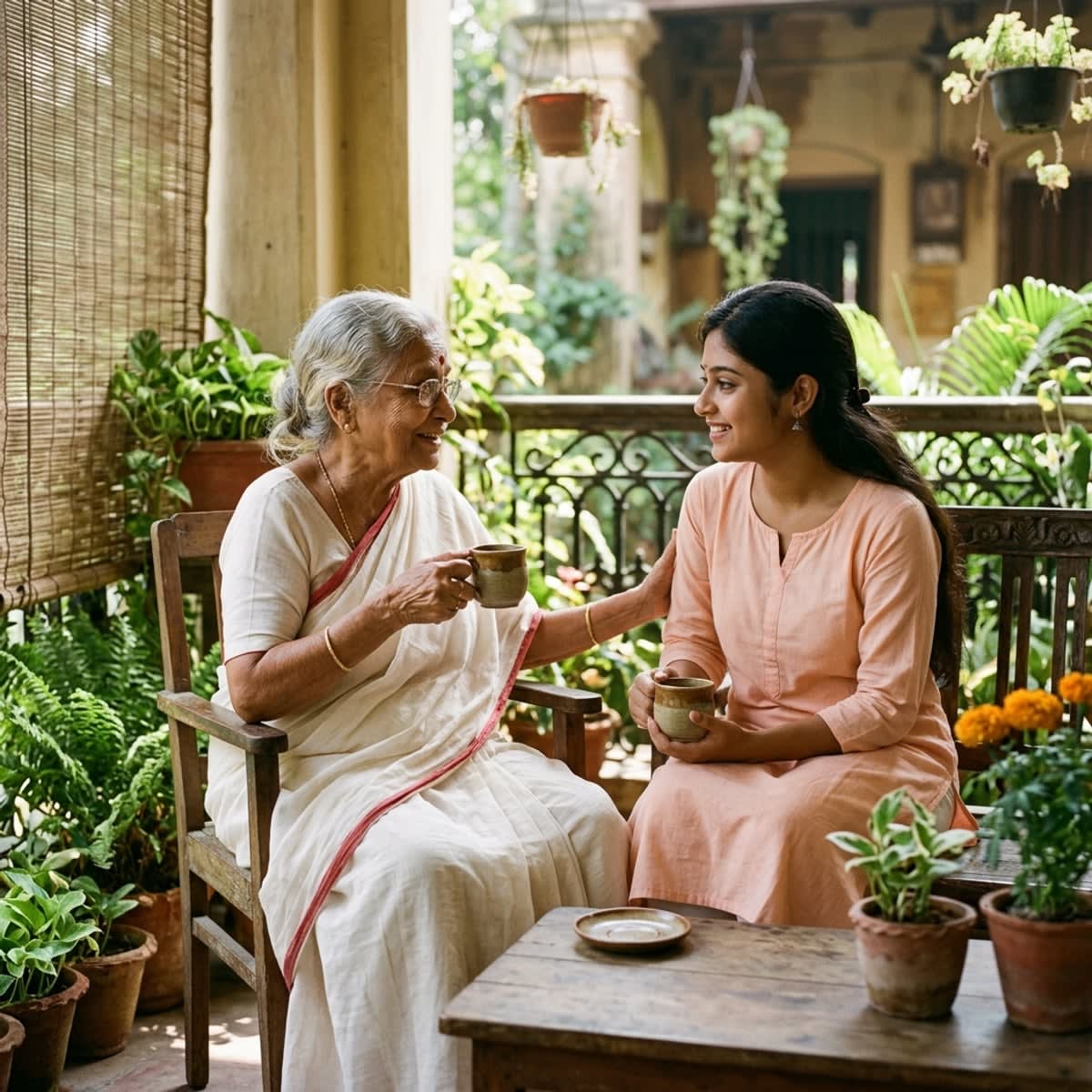 Mature elegant South Asian couple laughing affectionately together over morning tea on a sunlit veranda