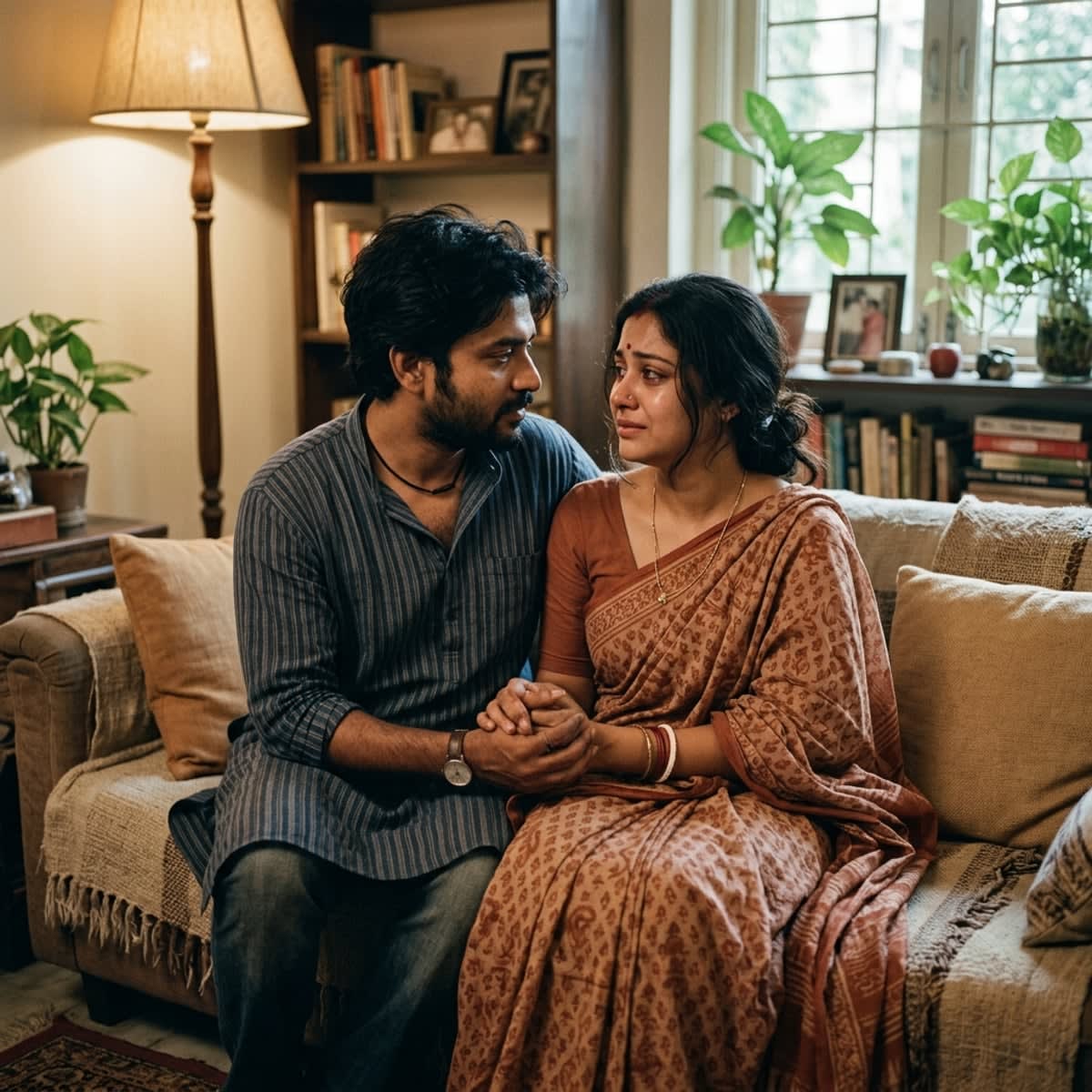 Close and meaningful romantic portrait of an attractive South Asian couple looking deeply and affectionately into each other's eyes in warm golden hour light
