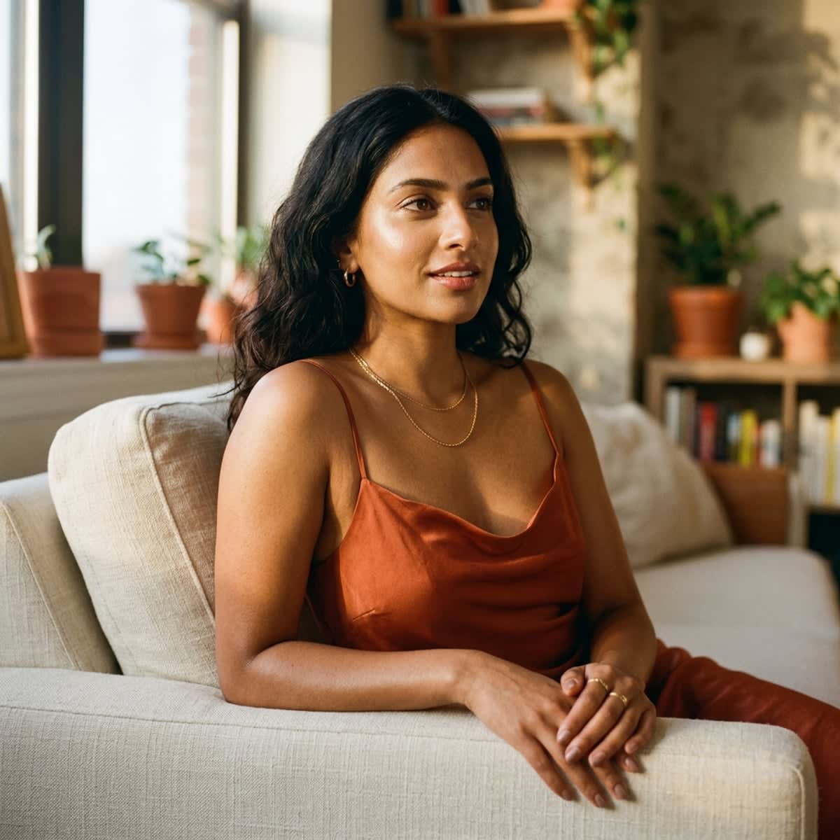 Sensual close-up artistic portrait of an attractive modern South Asian woman in chic terracotta slip top in warm sunset light