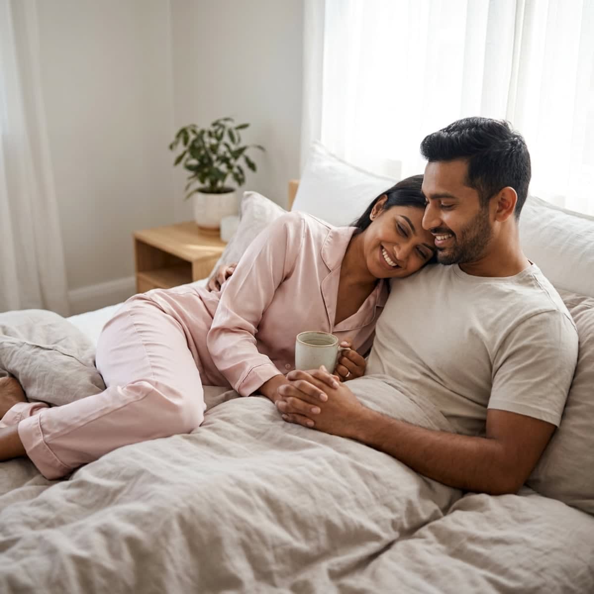 Loving couple gently reconnecting in their modern bedroom after welcoming a new baby