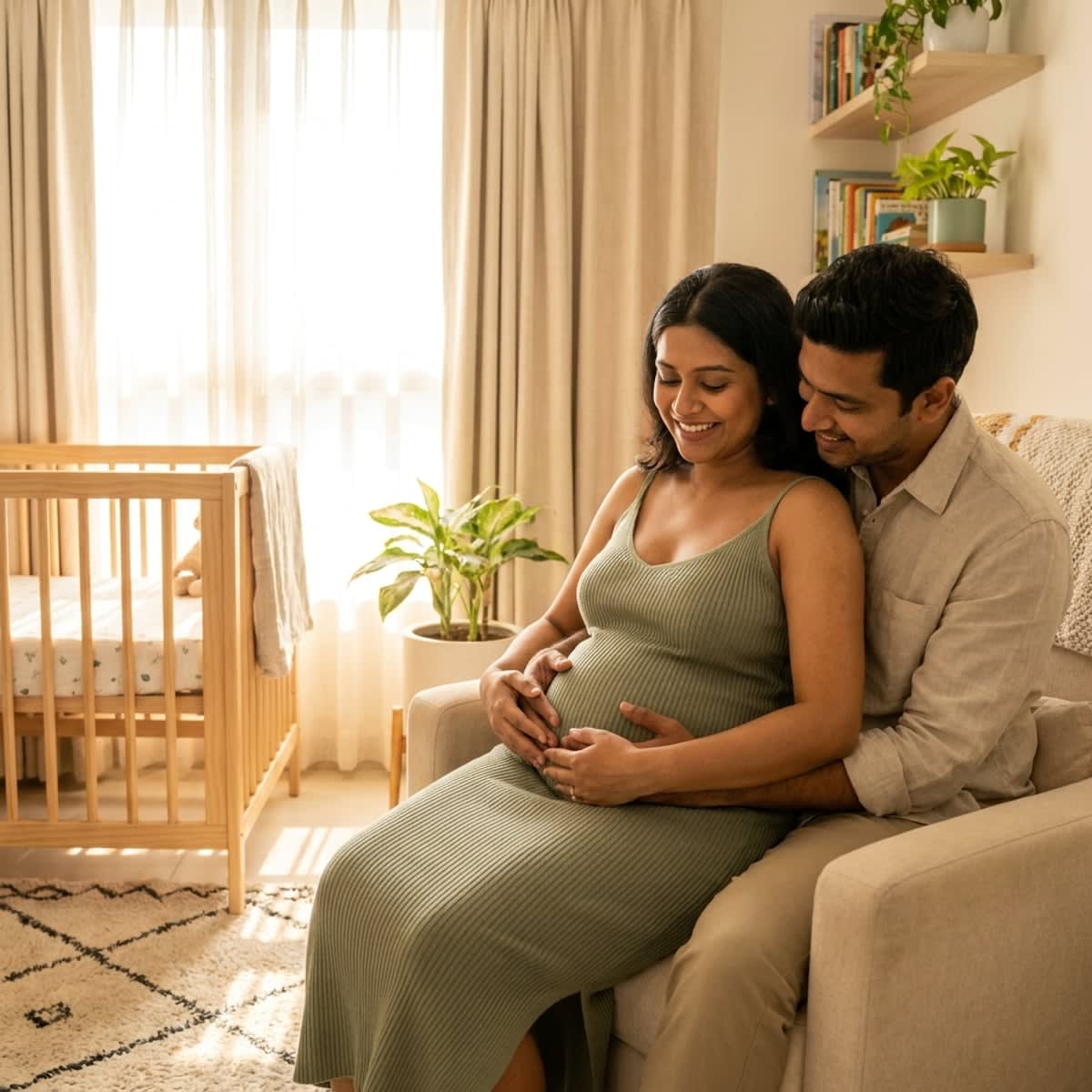 Gentle expecting couple embracing lovingly in a bright, modern nursery room