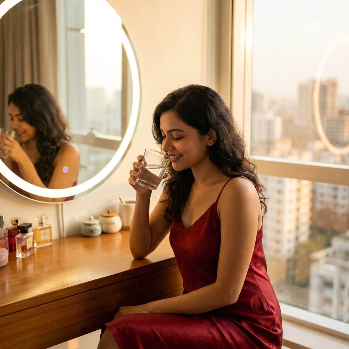 A pack of 28-day oral contraceptive pills on a clean aesthetic vanity table with a glass of water