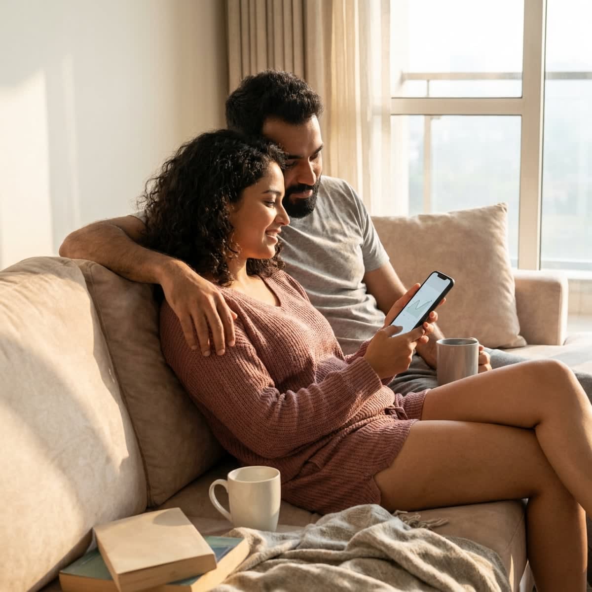 A health-conscious woman tracking her fertility cycle calendar and basal temperature thermometer in a peaceful bedroom