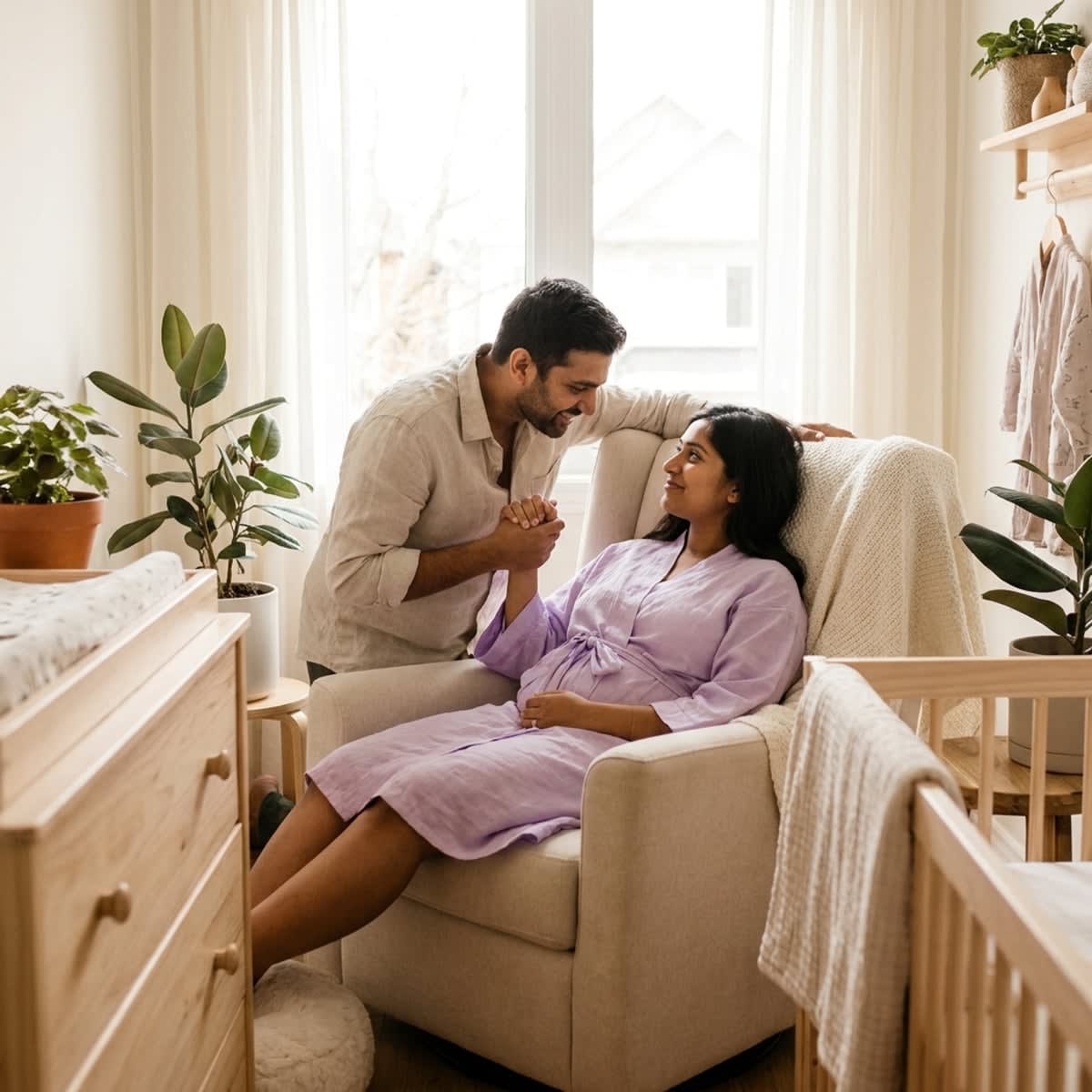 A gentle modern South Asian mother resting peacefully with her newborn in a warm nursery room