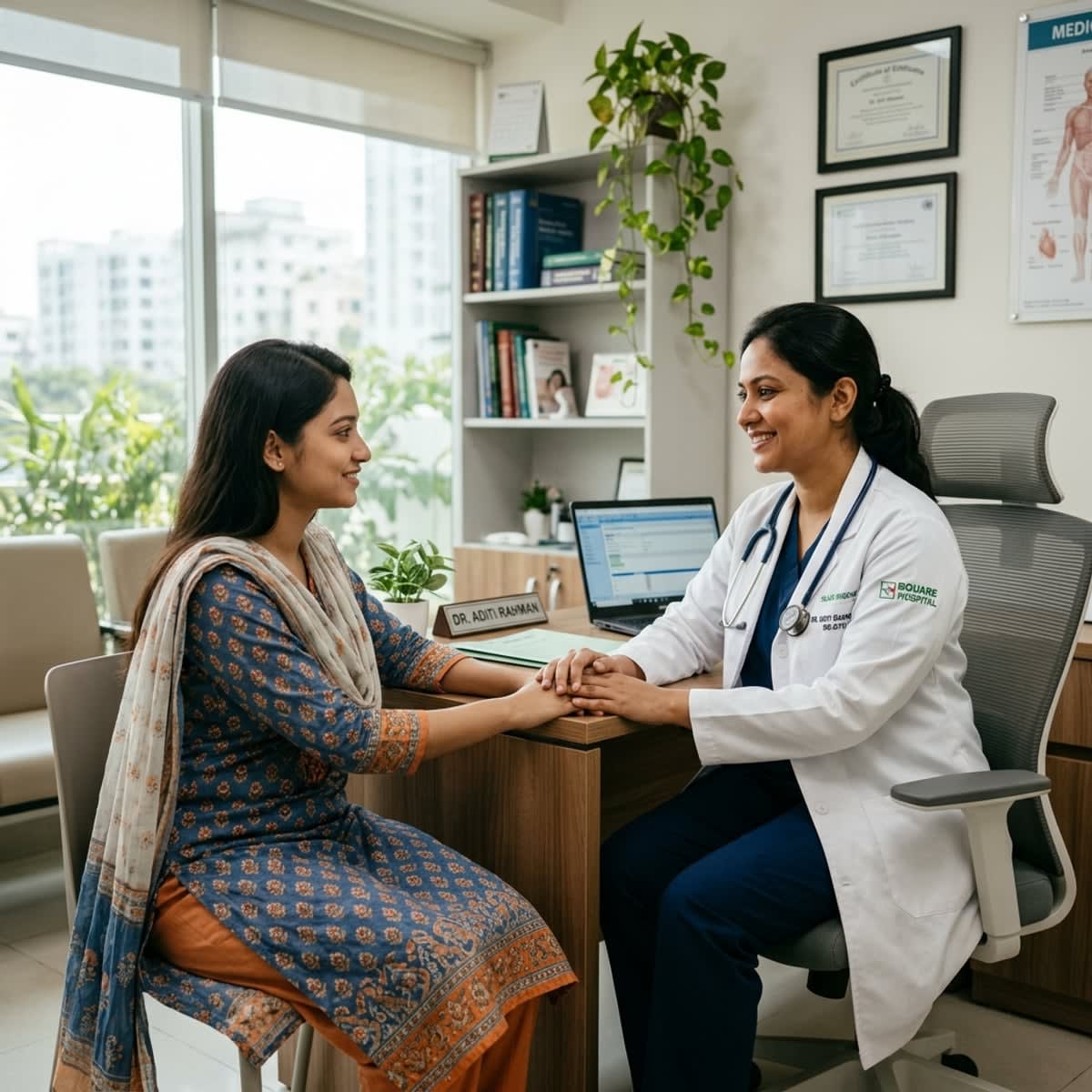 Bangladeshi female OBGYN doctor in white coat consulting with a female patient in a warm clinic