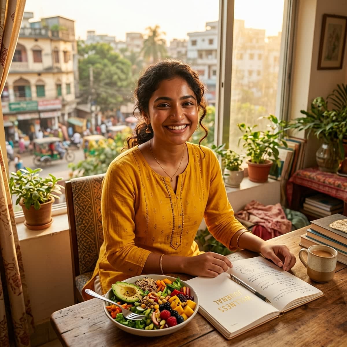 Empowered young South Asian woman smiling confidently with a fitness and nutrition planner in morning light