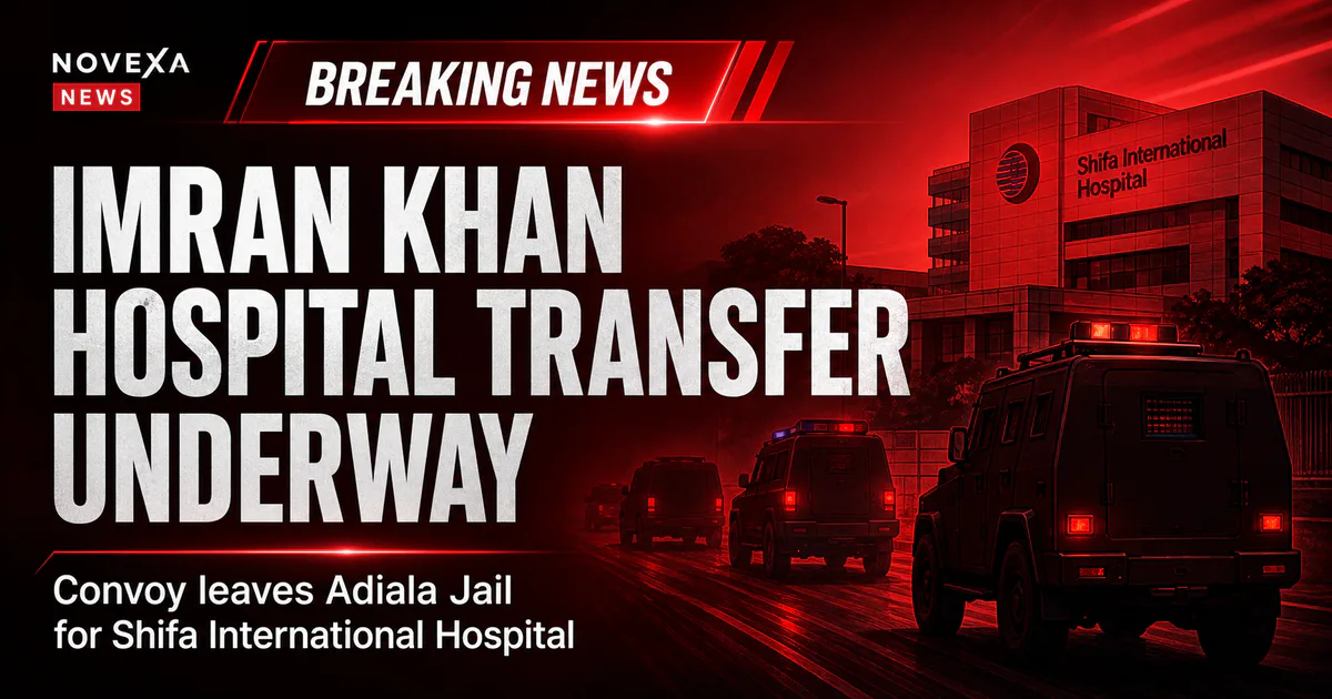 Novexa News illustration of a secure convoy transporting Imran Khan from Adiala Jail to Shifa International Hospital