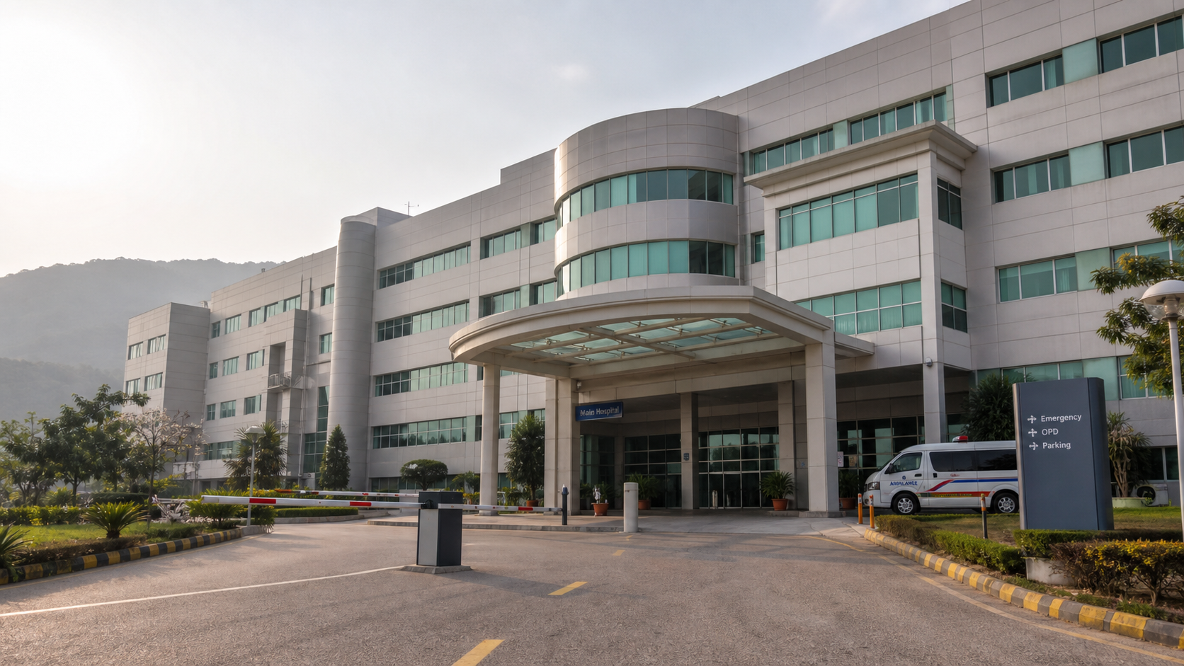 AI-generated PIMS-style hospital exterior representing Imran Khan PIMS medical examination dispute