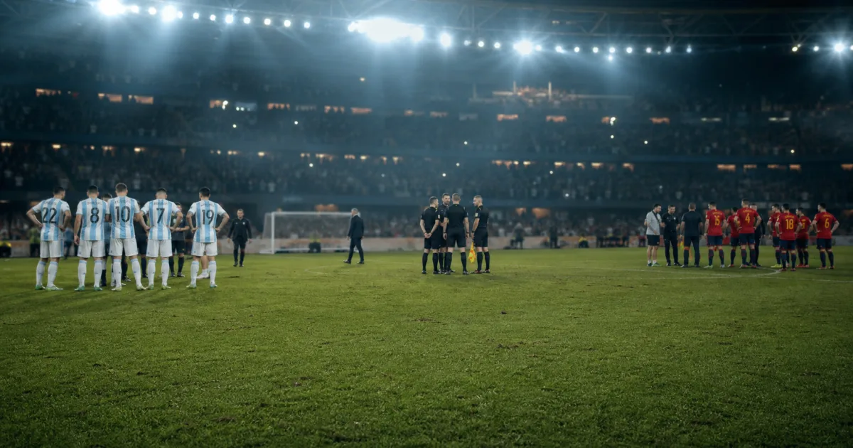 International football teams and officials on a floodlit pitch after a tense World Cup final