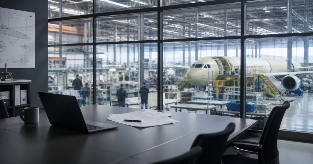 Aircraft engineering office overlooking a modern airplane assembly facility
