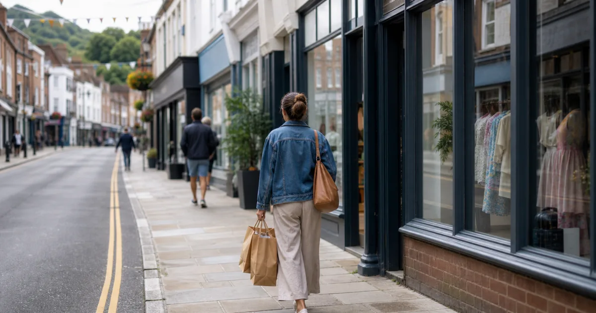 Shoppers carrying bags along a quieter British high street during summer