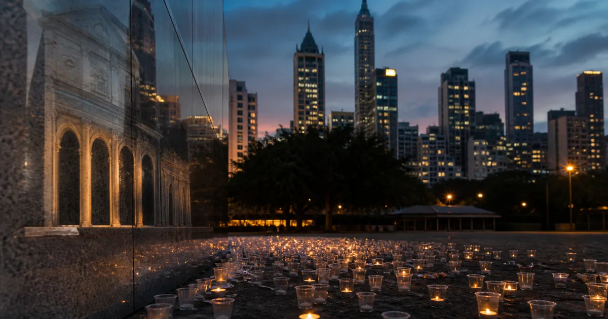 Empty candle holders at a quiet Hong Kong memorial setting after dusk