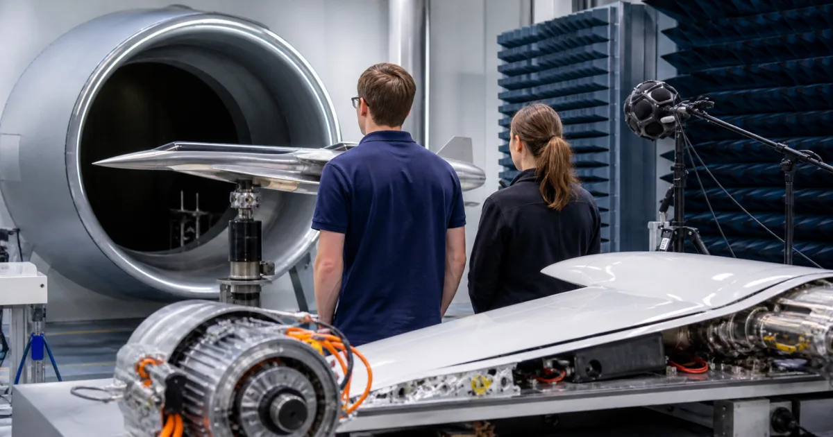 University researchers testing an advanced aircraft model and electric propulsion equipment