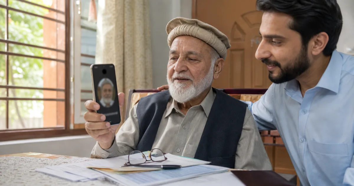 Pakistani pensioner completing secure facial verification on a smartphone at home
