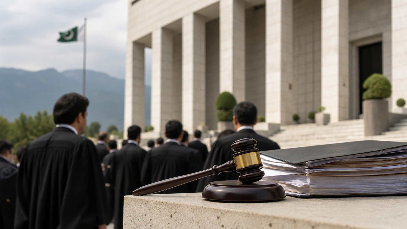 Lawyers outside a courthouse symbolising debate over judicial orders in Pakistan
