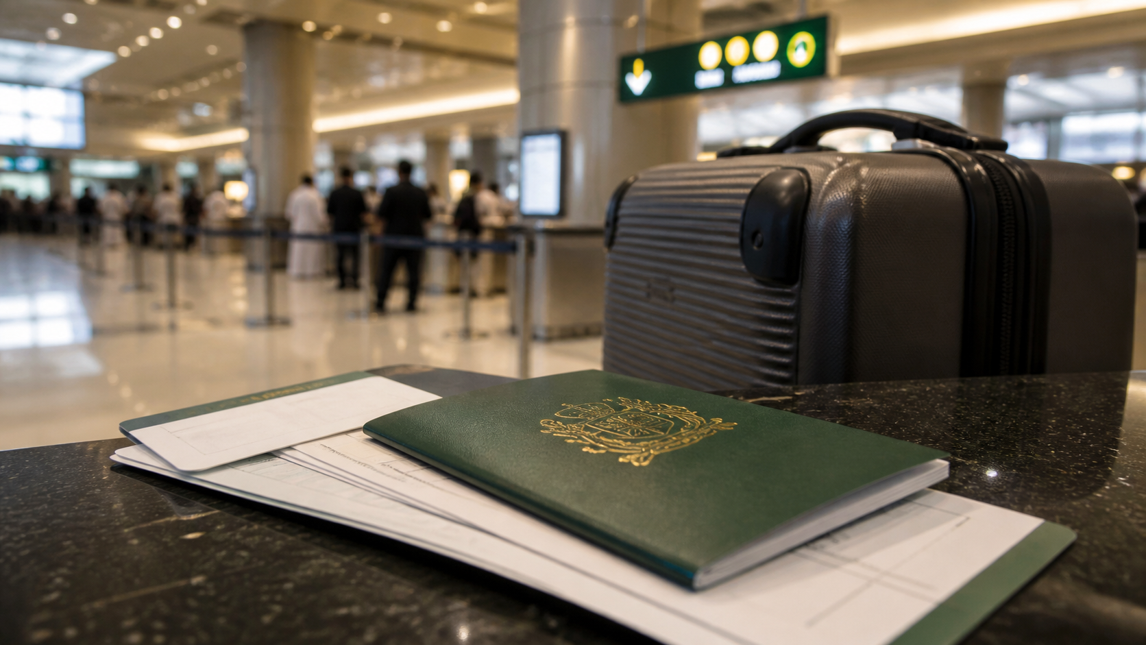 Pakistani passport and travel documents at an airport counter