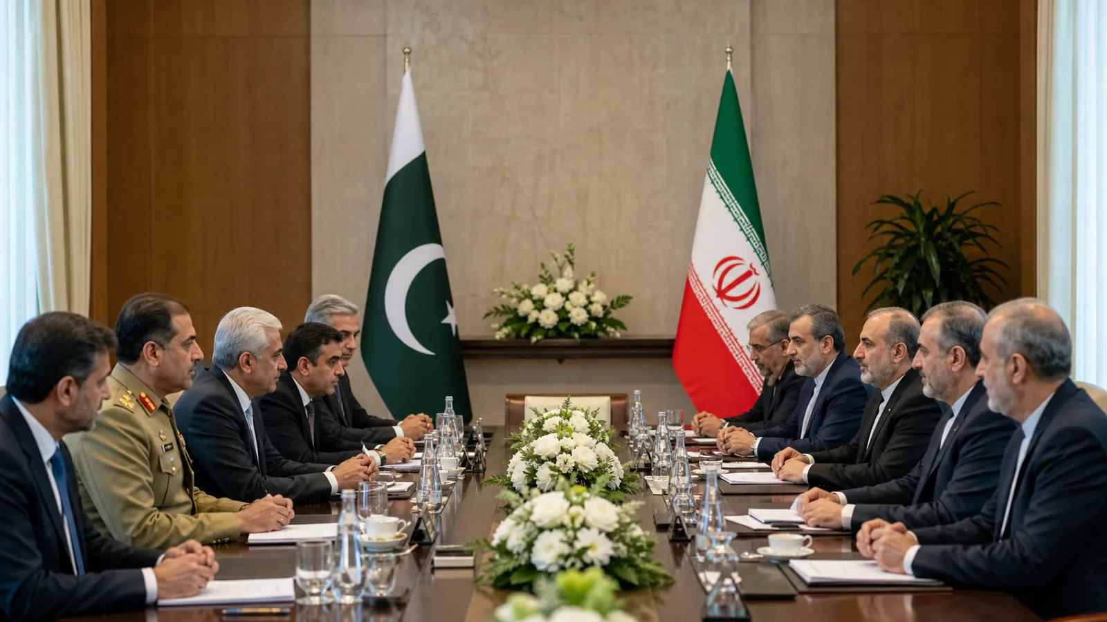 Original editorial illustration of Pakistani and Iranian delegations meeting in a formal diplomatic room