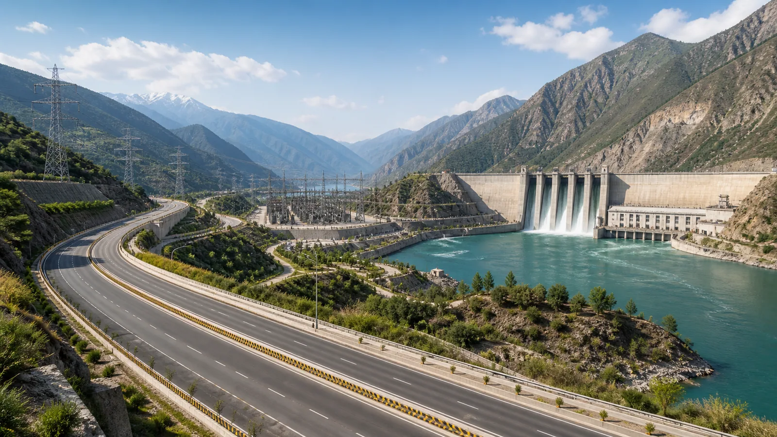 Original editorial illustration of an expressway, hydropower dam and electricity network representing Pakistan development projects