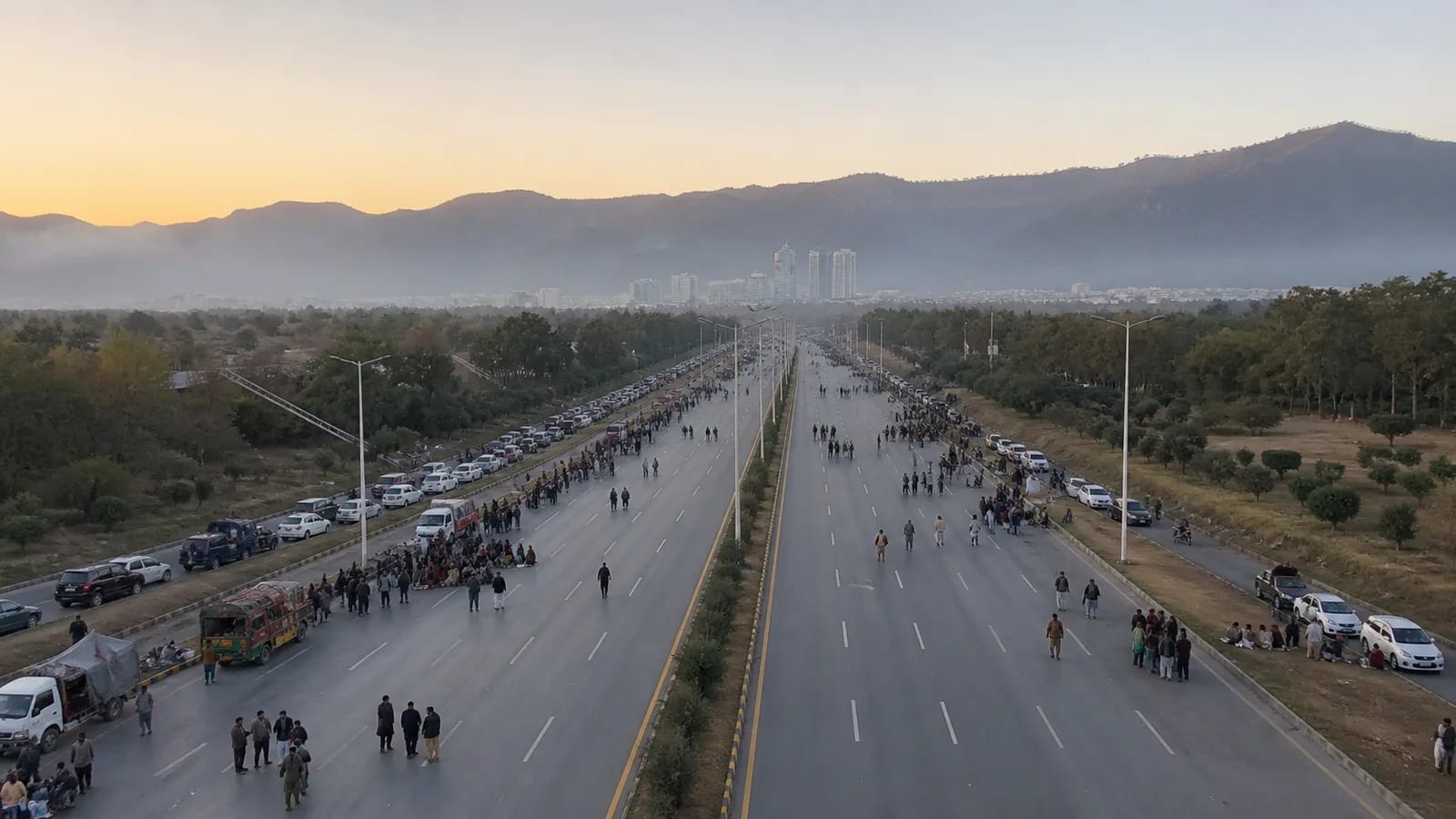 Editorial illustration of citizens gathering on an Islamabad approach road before a planned political march