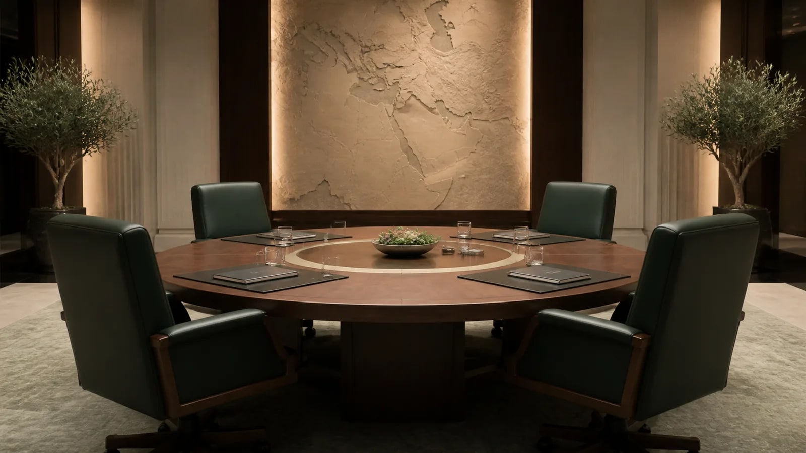 Editorial illustration of an empty four-seat regional diplomacy table representing talks over a defence framework