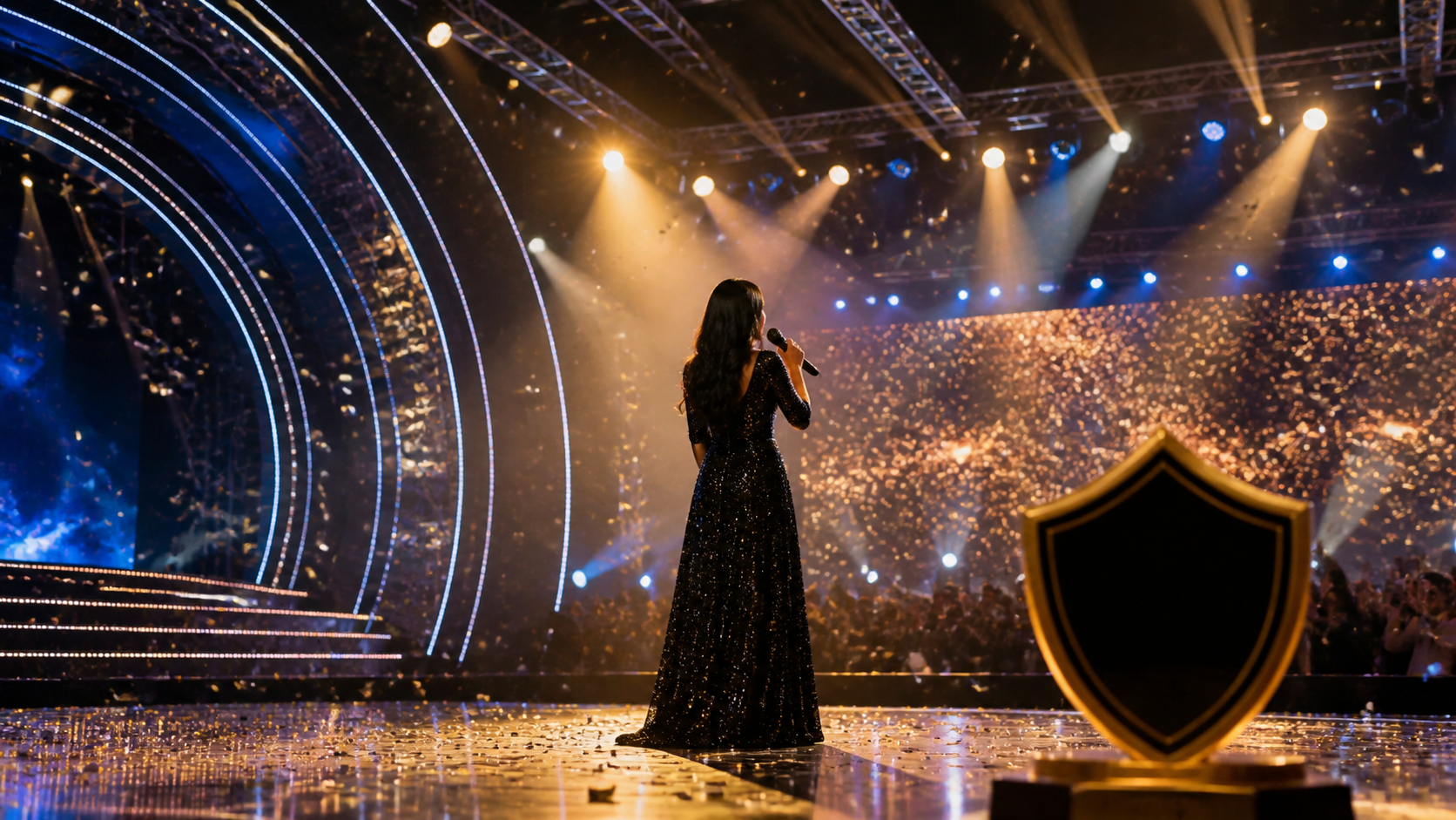 A singer silhouette on a grand music finale stage with lights and a trophy shield