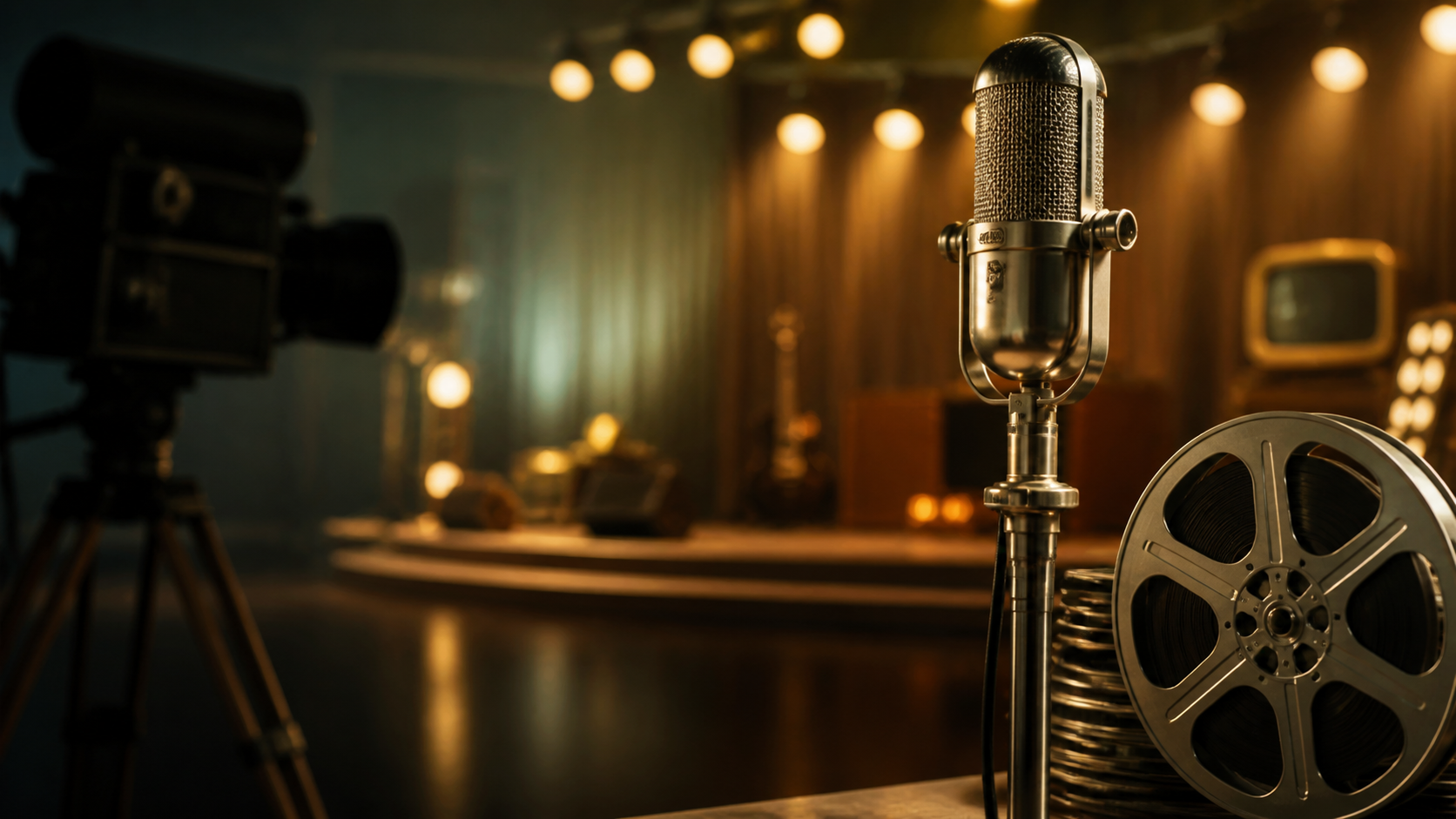 Vintage microphone, film reel and television studio lights symbolising a classic TV and music career