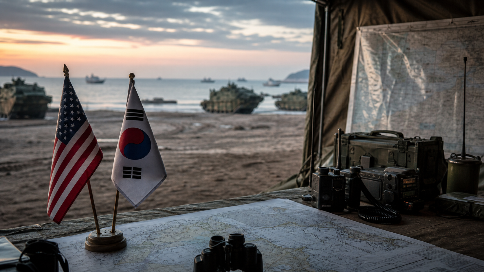 US and South Korea flags on a coastal command table during an amphibious military exercise