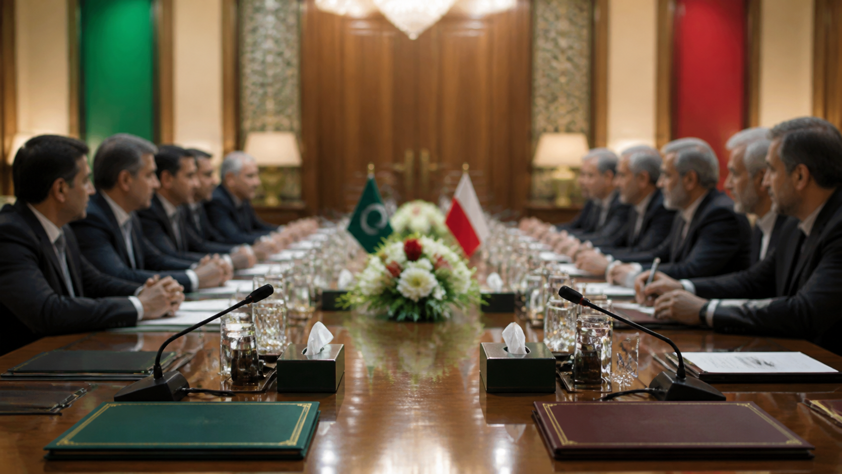 Symbolic Pakistan-Iran diplomatic meeting table for regional peace talks
