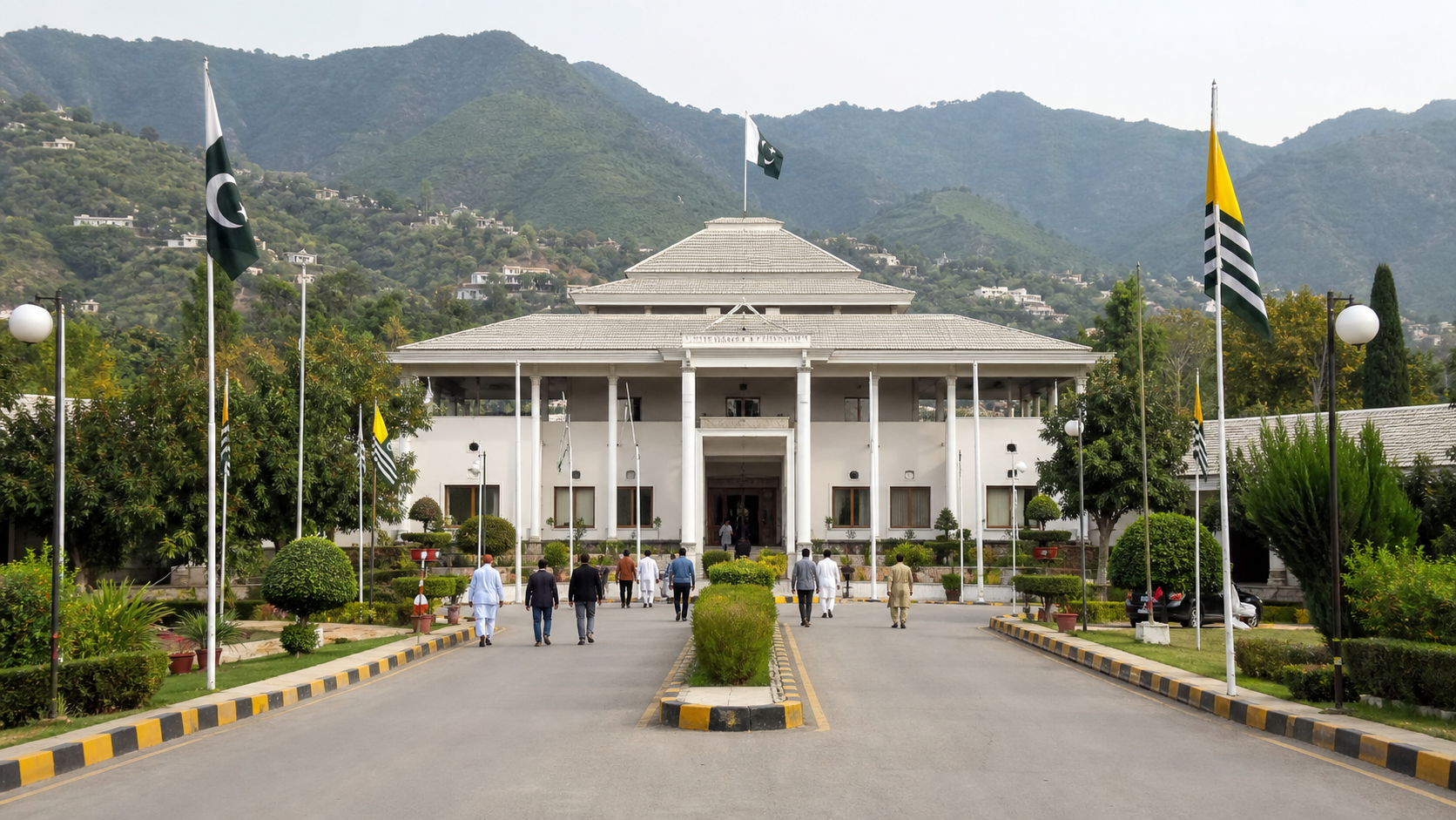 AI-generated editorial image of an AJK assembly building in a Muzaffarabad-style setting