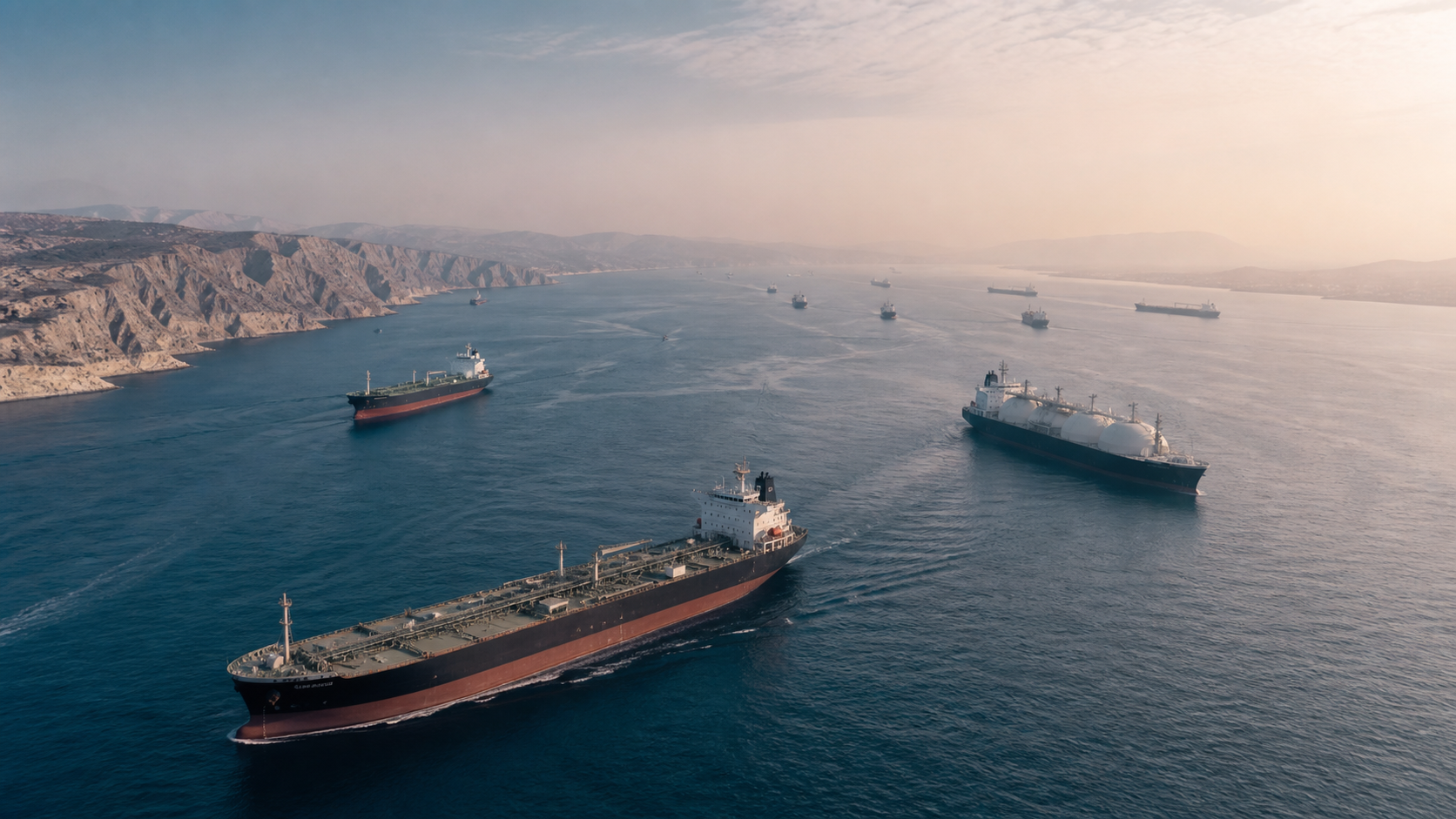 AI-generated editorial image of oil and LNG tankers in a strategic sea lane