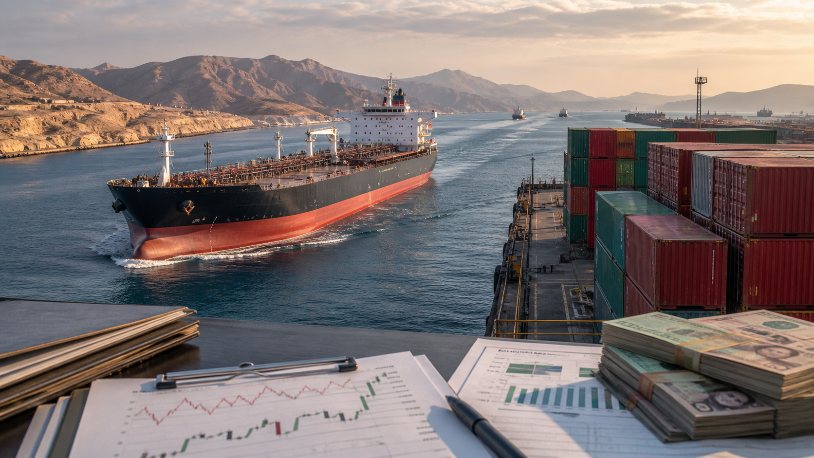 Oil tanker and cargo terminal illustrating US economic sanctions pressure on Iranian trade