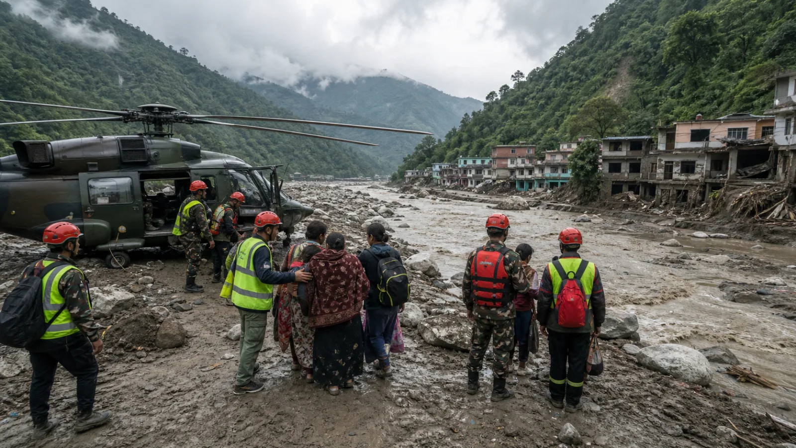 AI editorial illustration of rescue teams responding to severe flood damage in Nepal