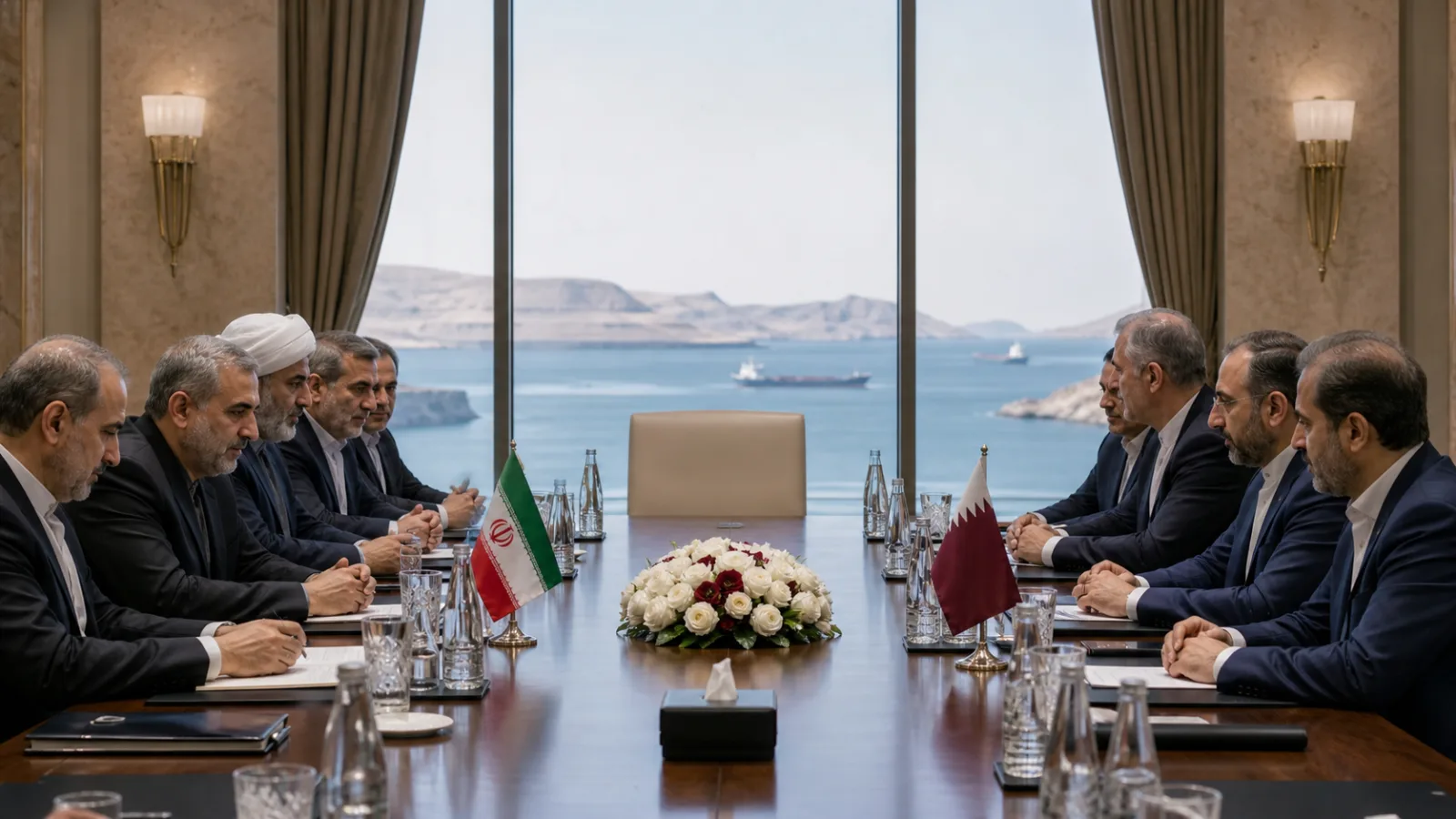 AI-generated editorial illustration of Iranian and Qatari delegations discussing US-Iran diplomacy near the Strait of Hormuz