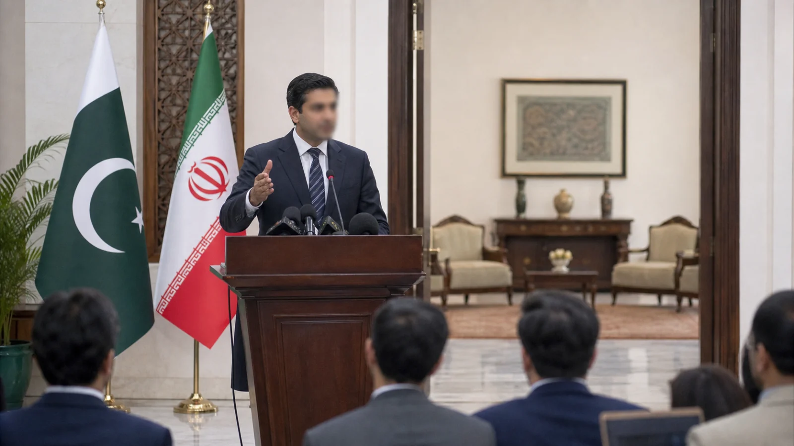 AI-generated editorial illustration of a Pakistan Foreign Office briefing on diplomatic engagement with Iran