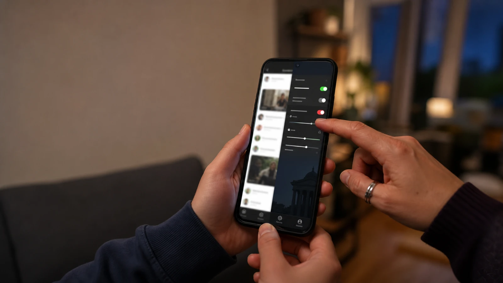Teen and parent adjusting privacy and screen-time controls on a smartphone