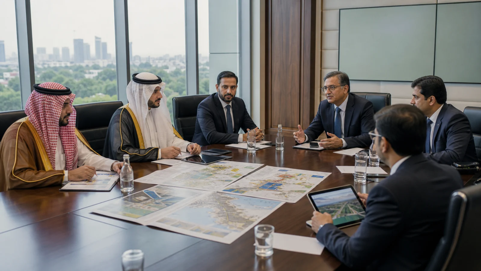 Saudi and Pakistani business representatives reviewing investment projects at a conference table
