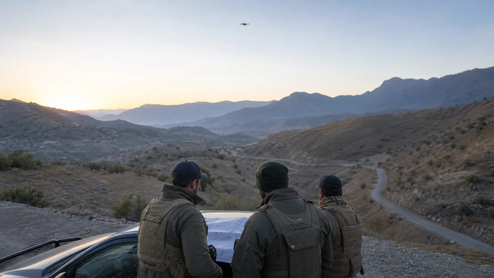 Security personnel reviewing a terrain map during a dawn operation in mountainous Pakistan