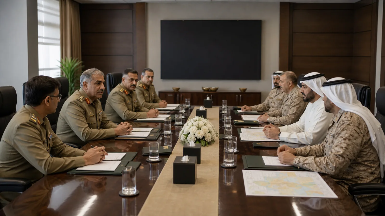 Pakistani and Kuwaiti defence delegations discussing military cooperation at a conference table
