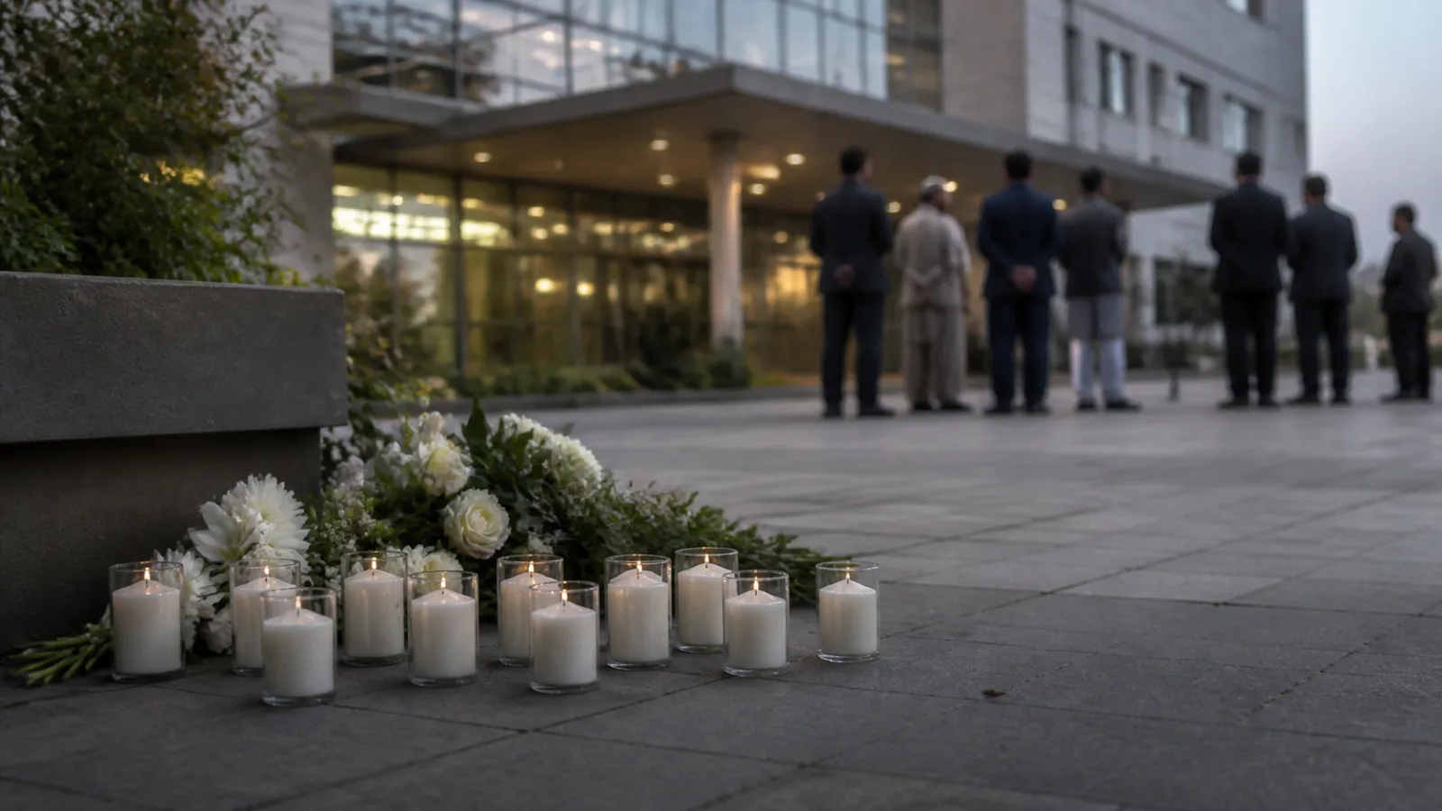 White flowers and memorial candles outside a public hospital after a fatal nursery fire