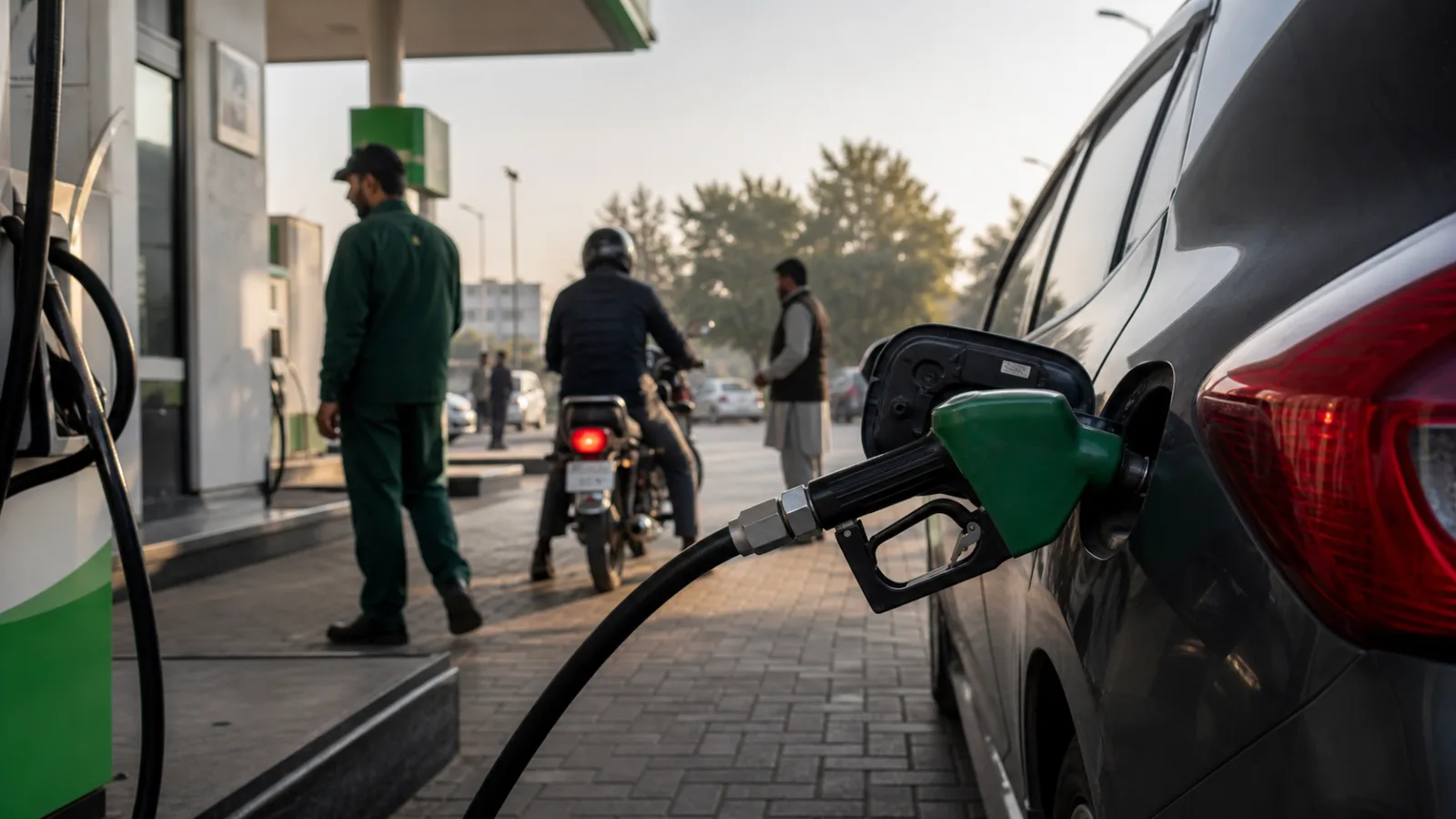 Motorist refuelling a car at an urban petrol station in Pakistan